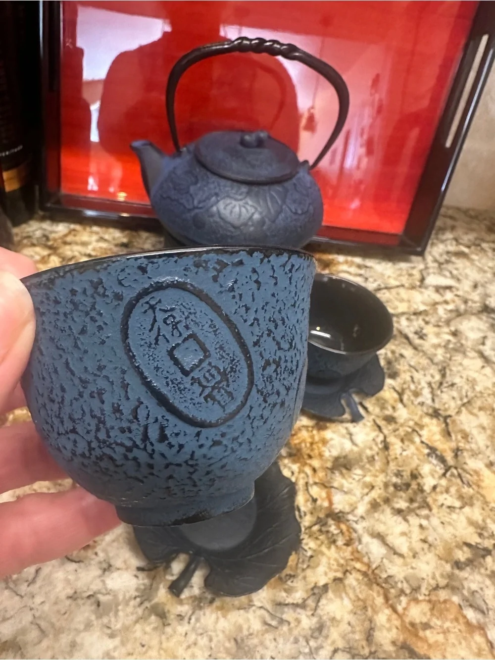 TeaVana Blue Cast Iron Teapot & Cups w/Floral Design & Black & Red Lacquer Tray